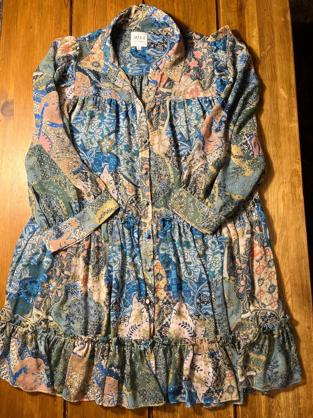 MISA Los Angeles Patchwork Blue Multi Paisley Button-Front Tiered Dress